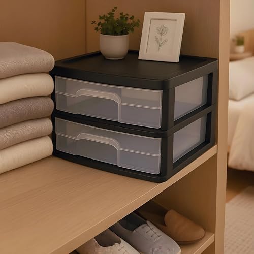 HOMZ 2 Drawer Storage Cart, Wide Plastic Container, Black Frame, 2 Pack