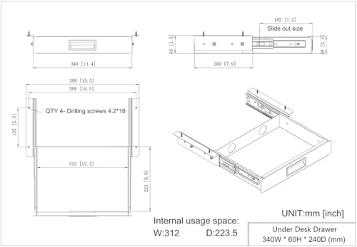 13.4" W Under Desk Drawer Slide Out Storage W/Cable Management