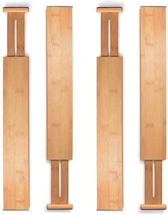 MEKBOK 4-pack Bamboo Kitchen Drawer Divider, Adjustable Drawer Storage, Spring loaded, Suitable for kitchens, Dressing tables, Bathrooms, bedrooms, Drawers, Desks