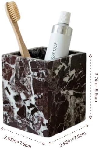 Natural Marble Pen Holder, Square Desk Organizer, Marble Toothbrush Holder, Multi-Functional Makeup Brush Holder, Decorative Storage Cup for Office Vanity Bathroom Kitchen (Rosa Levanto)