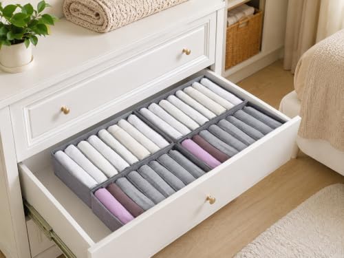 Qozary 4 Pack Drawer Organizers for Clothing, 8 Grids Foldable Closet Organizers and Storage Bins for Bedroom, Dresser Organizer Boxes for Thin T-shirts, Tank Tops, Camisoles, Tights, Leggings