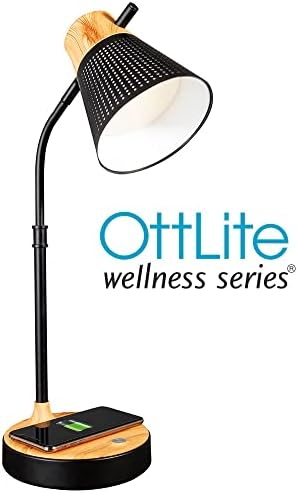 OttLite LED Table Lamp with Wireless Charging and USB, Black with Wood
