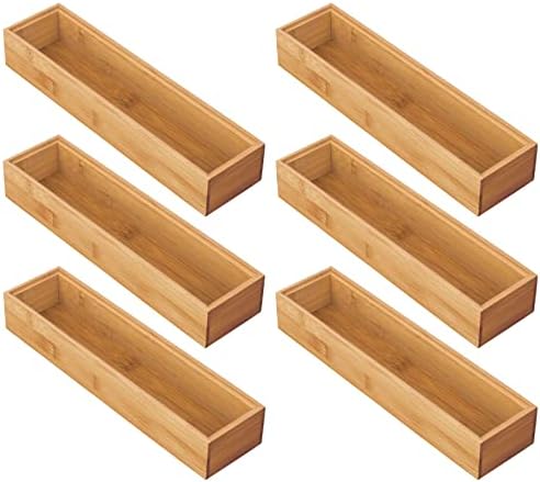 mDesign Slim Wooden Bamboo Drawer Organizer for Office - 12" Long Stackable Storage Box Tray for Desk Drawers/Cabinet - Junk Drawer and Accessories Organization - Echo Collection, 6 Pack, Natural Wood