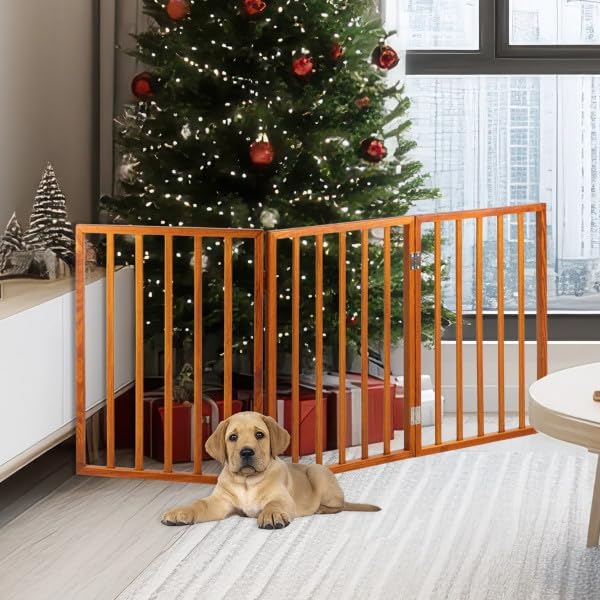 Pet Gate - 3-Panel Indoor Foldable Dog Fence for Stairs or Doorways - 54x24-Inch Retractable Wood Freestanding Dog Gates by PETMAKER (Mahogany)