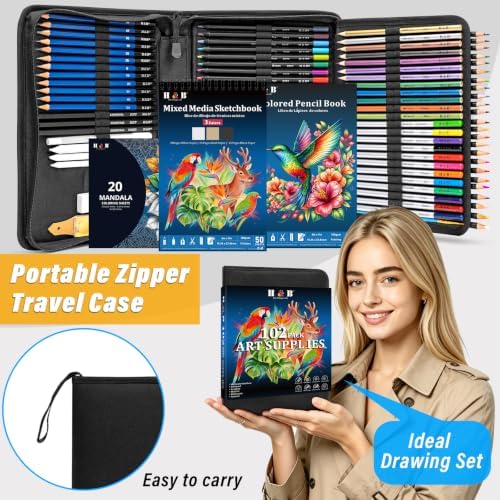 H & B 101PCS Sketching Kit Art Supplies for Adults with 3 Books & Zip Case