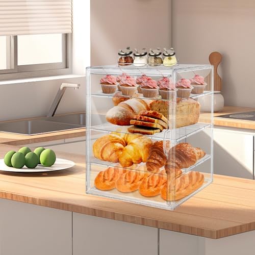15.5 x 11.4 x 9.8 Inch 4-Tier-Party Display Case, Bakery Display Case Countertop,Adjustable Clear Bread Storage with Magnetic Door Bakery Pastry Display, Cookies and Donuts