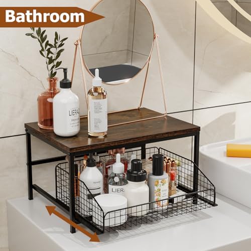 KLM Pull Out Spice Rack Organizer for Cabinet,Rustic Wood Top with Wire Basket Storage,Kitchen Countertop Organizer and Storage for Pantry, Counter top,Coffee Station Wood. (Brown)