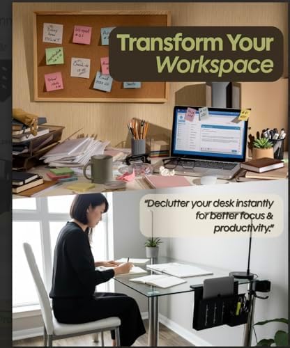 Desk Side Storage Organizer with Laptop Holder & Clamp Cup Holder, Hanging Desk Organizer with Cable Management & Magnetic Pen Tray for Vertical Laptop Storage