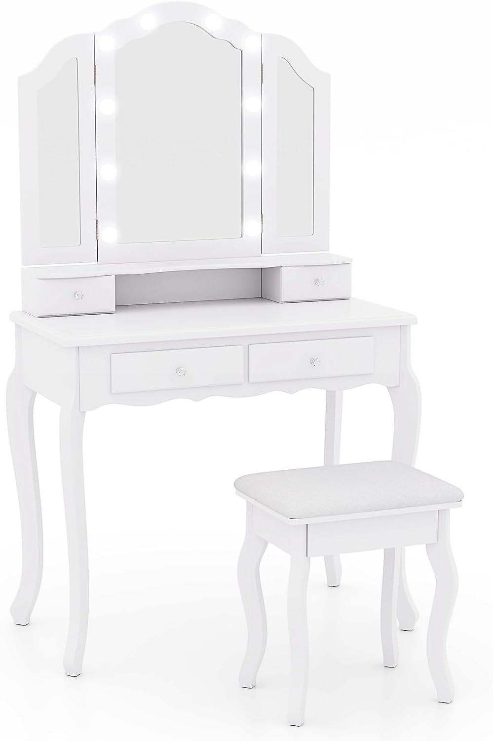 CHARMAID Vanity Desk with Mirror and Lights, Tri-Folding Lighted Mirror