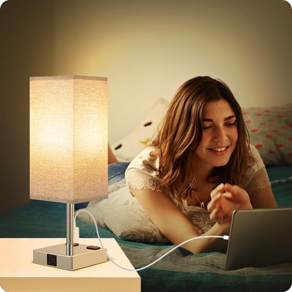 Light Grey Touch Lamps Set for Bedroom - Dimmable, USB C+A, 2 AC Outlets
