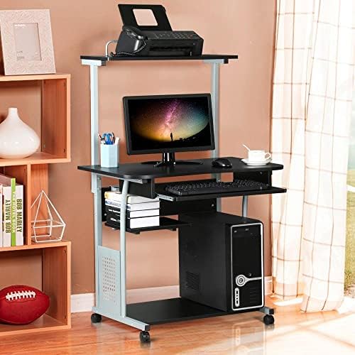 Yaheetech Small Rolling Computer Desk with Hutch and Storage Shelves, Black