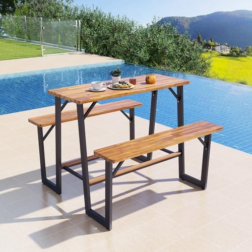 GIANTEX 4.5FT Picnic Table Bench Set for 4, Acacia Wood Outdoor Dining Table Set, Heavy Duty Metal Frame, Footrest Bar, Large Rectangular Tabletop for Porch Patio Lawn Garden