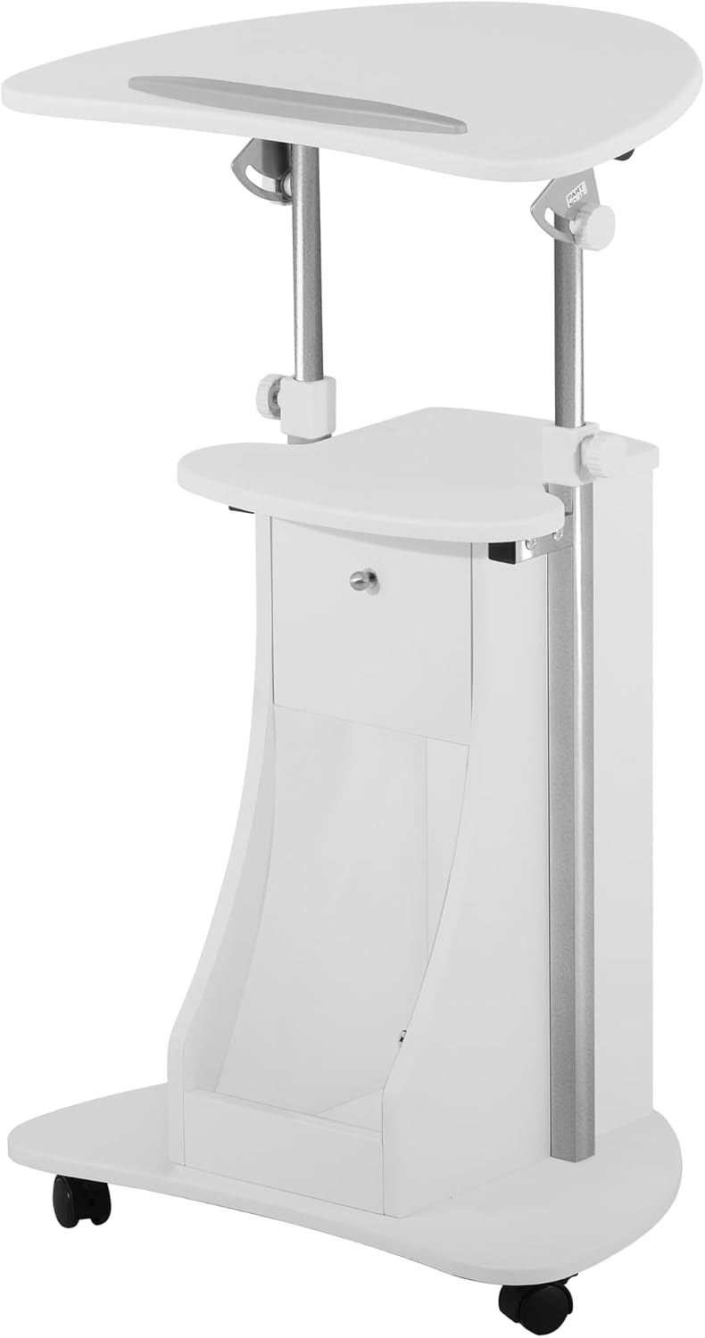 Techni Mobili Adjustable Height Rolling Laptop Cart with Storage, White