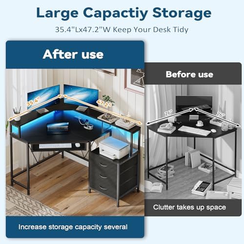 47" Corner Desk with Drawers, Power Outlets & Printer Shelf for Small Space