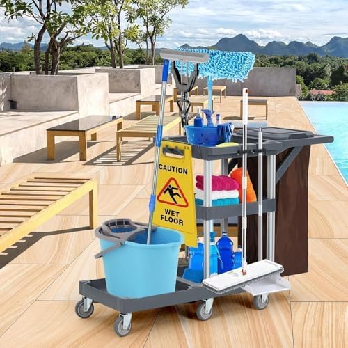 Heavy-Duty Janitorial Cleaning Cart with Wheels, 3-Shelf Rolling Housekeeping Trolley with 16-Gallon Trash Bag – 220 Lb Capacity Utility Cart for Hotels, Schools, Offices & Apartments