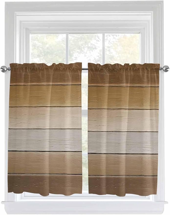 Vintage Brown Gradient Wood Grain Window Valance Curtains, Farmhouse Wood Barn