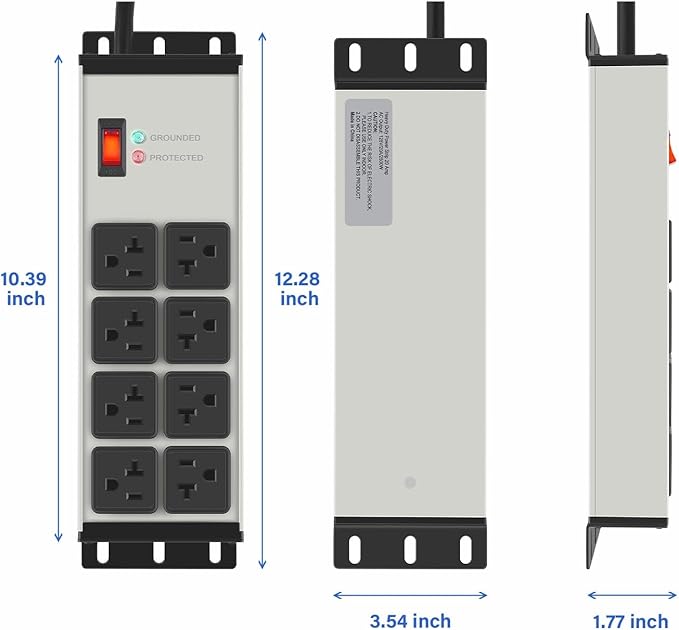 CCCEI Grey Heavy Duty Power Strip Surge Protector 20 AMP, 8 Outlets 12 Gauge Industrial Shop Garage Metal Multiple Outlets, 25 FT Extension Cord 5-15P Adapter High Amp 6-20R T-Slot 20a for Appliance