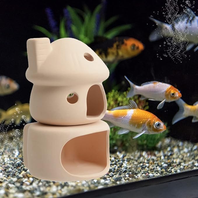 Cute Betta Fish Tank House with Mushroom Decor and Cave Habitat for Hiding Safely (Yellow Mushroom + Cave)