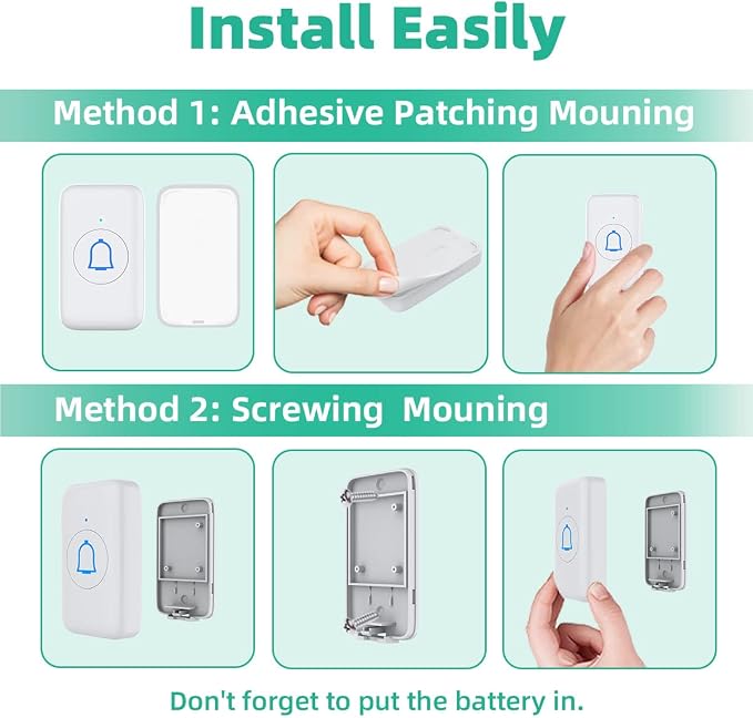 Wireless Doorbell with 2 Receivers IP66 Waterproof 1000ft Range Door Bell