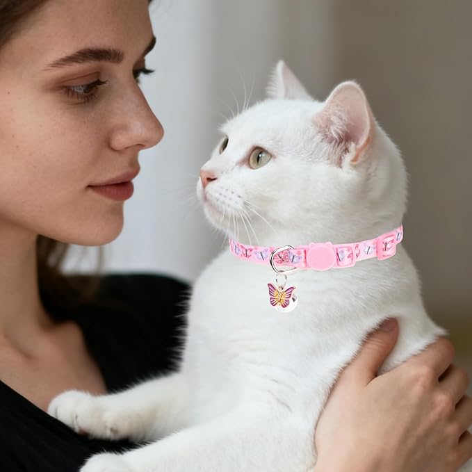 PUPTECK Breakaway Cute Cat Collar with Bell Charm, 2 Packs Adjustable Kitty Collars Animals Pattern, Pink&Yellow, 7.8-11.8 in
