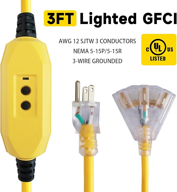 EP 3 Ft Lighted GFCI Extension Cord with 3 Electrical Power Outlets - 12/3 SJTW Heavy Duty Yellow Pigtail Extension Cable with 3 Prong Grounded Plug for Safety, UL Listed