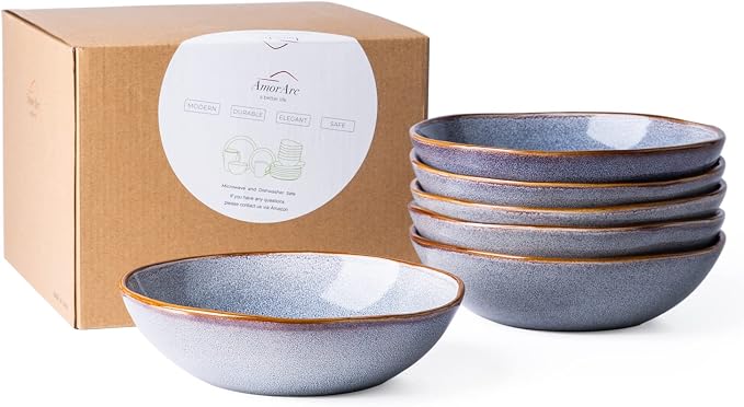 AmorArc Ceramic Cereal Bowls Set of 6, 24 oz Handmade Stoneware Bowls Set