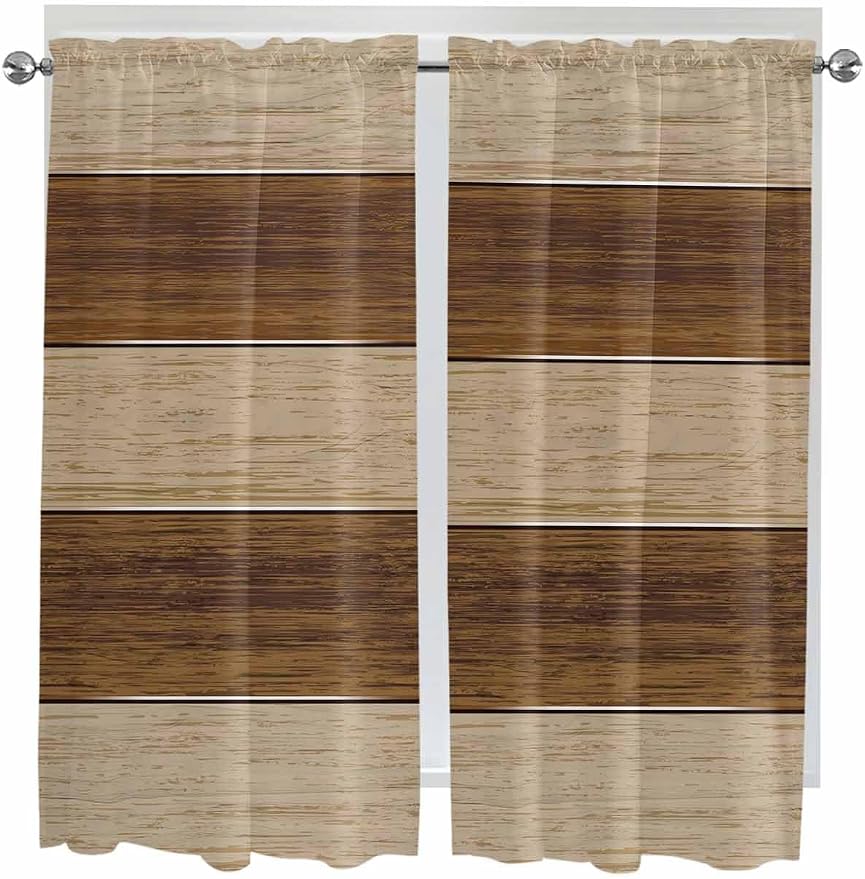 Retro Country Brown Wooden Board Window Valance Curtains, Farmhouse Gradient