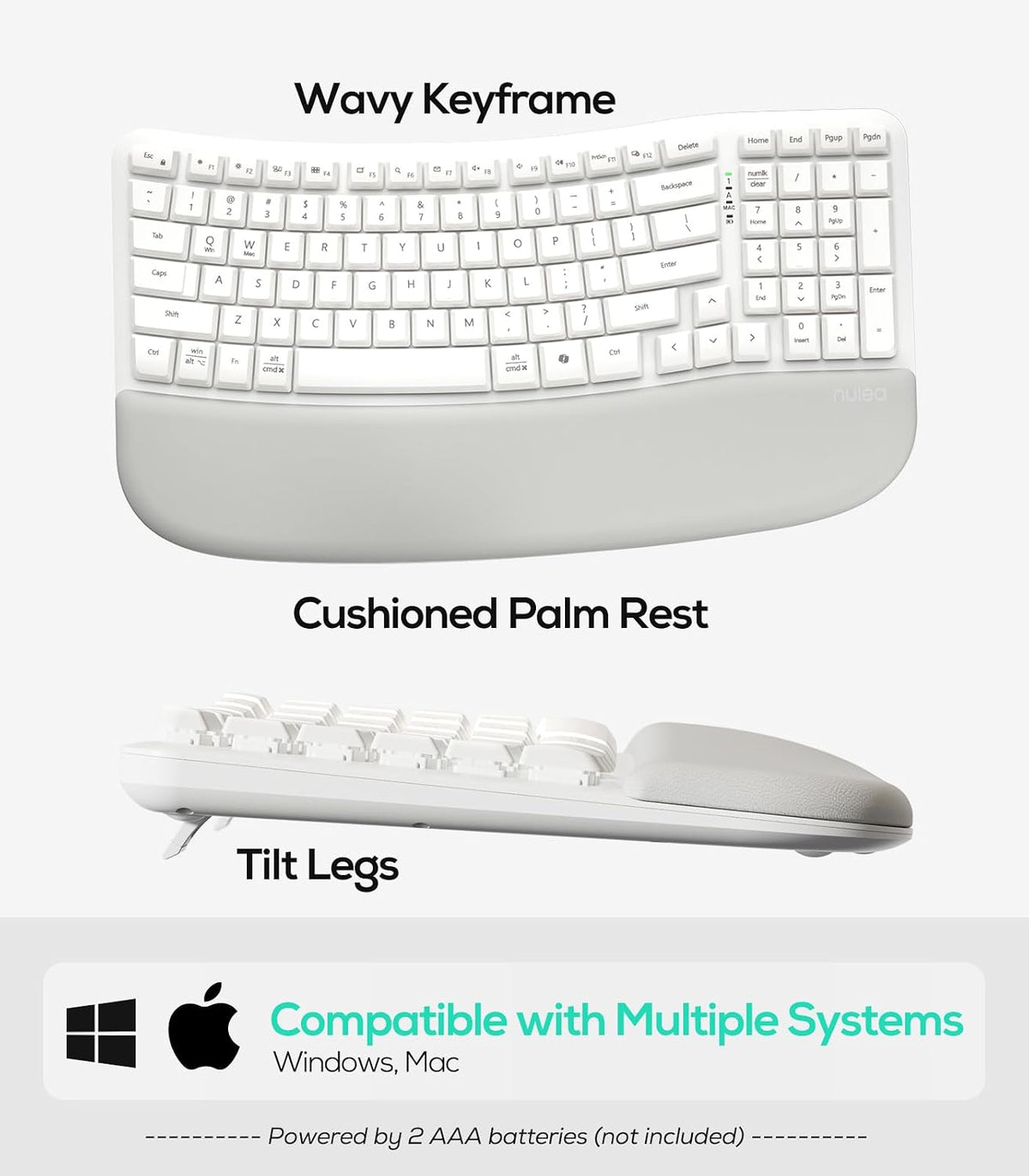 Nulea Wave Keys Ergonomic Keyboard Wireless with Cushioned Palm Rest