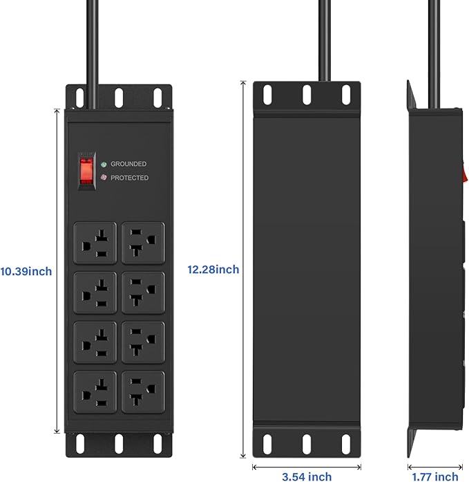 CCCEI Black Heavy Duty Power Strip Surge Protector 20 AMP, 8 Outlets 12 Gauge Industrial Shop Garage Metal Multiple Outlets, 6 FT Extension Cord 5-15P Adapter High Amp 6-20R T-Slot 20a for Appliance