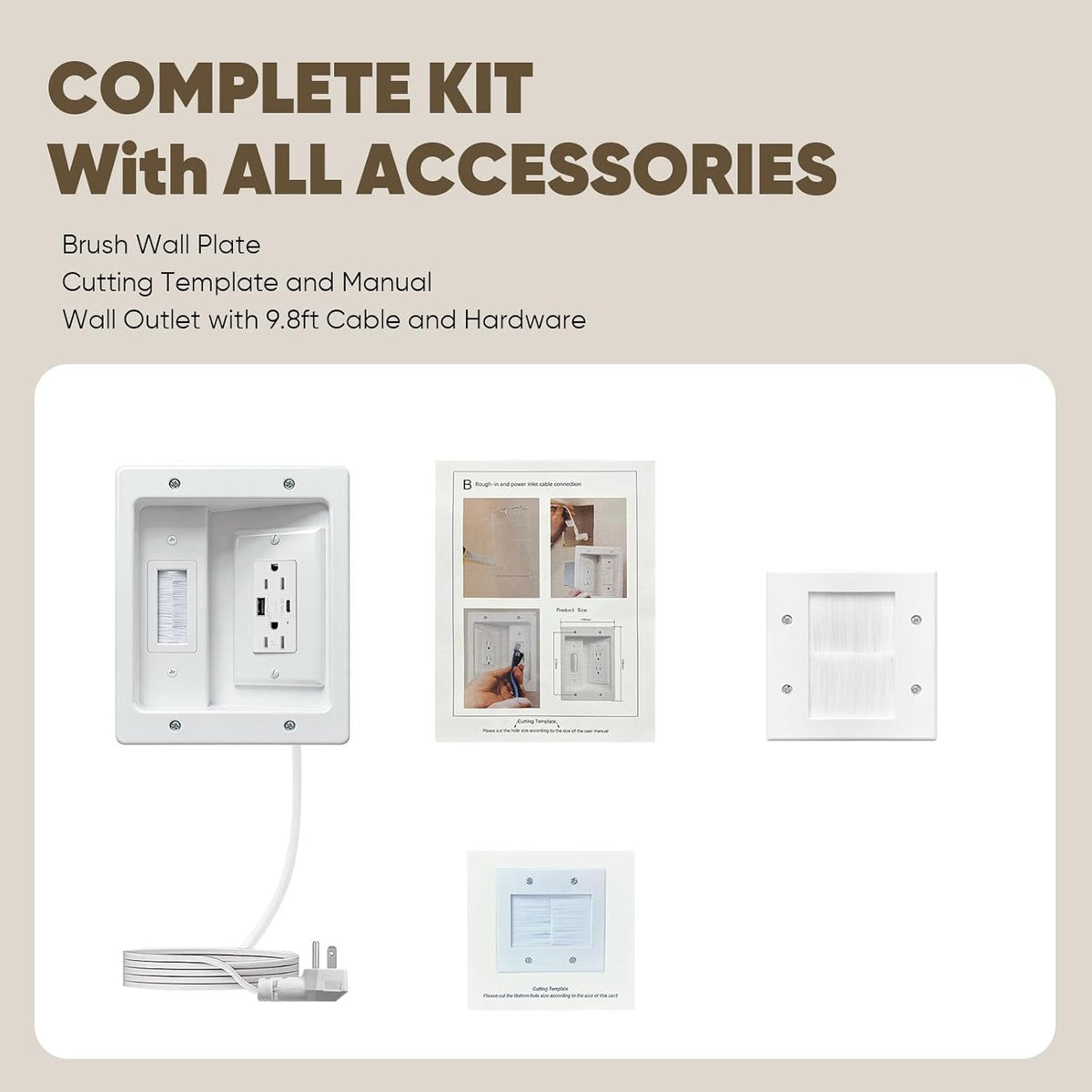in Wall Cable Management Kit with Brush Wall Plate TV Cable Hider Wall Kit-UL Listed, 9.8FT Cord, Recessed AC Outlets Box with USB+USBC Port for Wall-Mounted TV and Home Theater