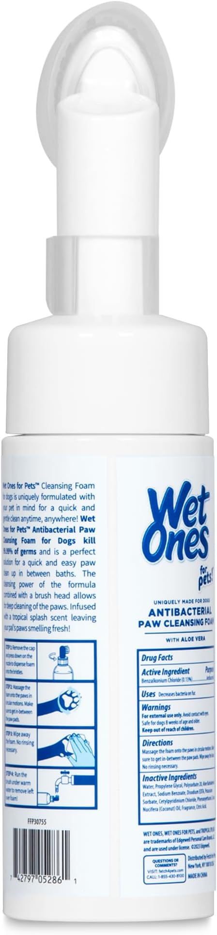 Wet Ones for Pets Antibacterial Dog Paw Cleaner with Built-in Brush, Foaming No-Rinse Formula for Cleaning Dirty Paws After Walks, Gentle Everyday Paw Wash for Dogs, 5 Oz - 6 Pack