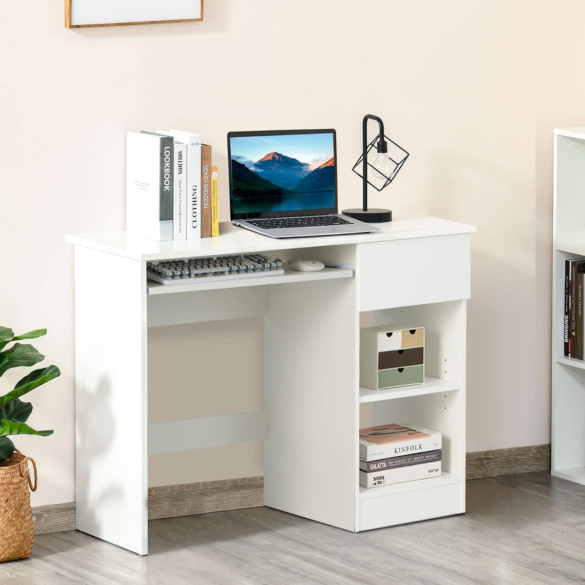COSTWAY Computer Desk with Keyboard Tray, Large Drawer, Home Office Desk with Adjustable Shelf & Cable Hole, Study Desk, Modern Writing Workstation, PC Laptop Table (White)