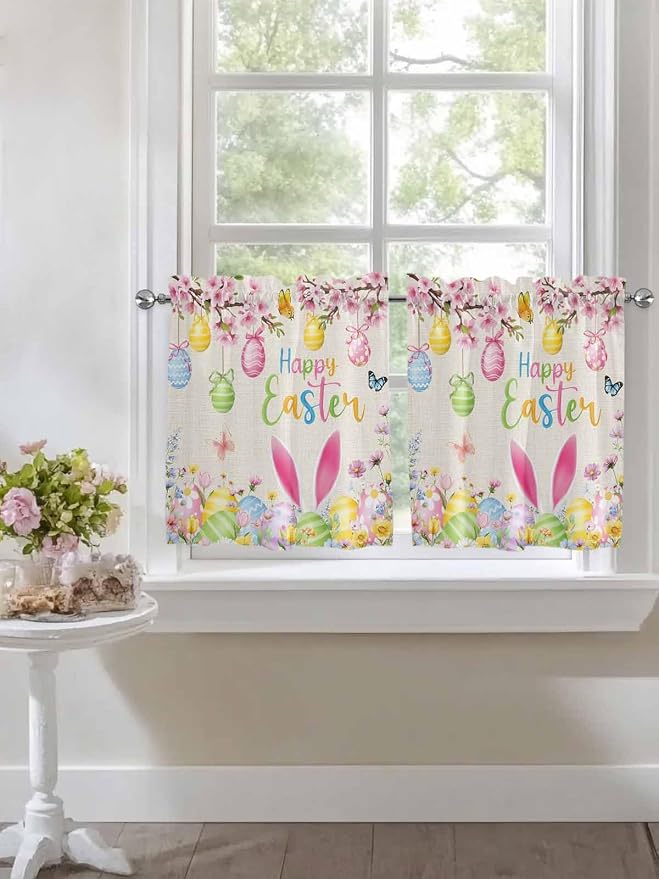 Happy Easter Half Window Curtains 24 Inches Long, Spring Farmhouse Bunny Eggs
