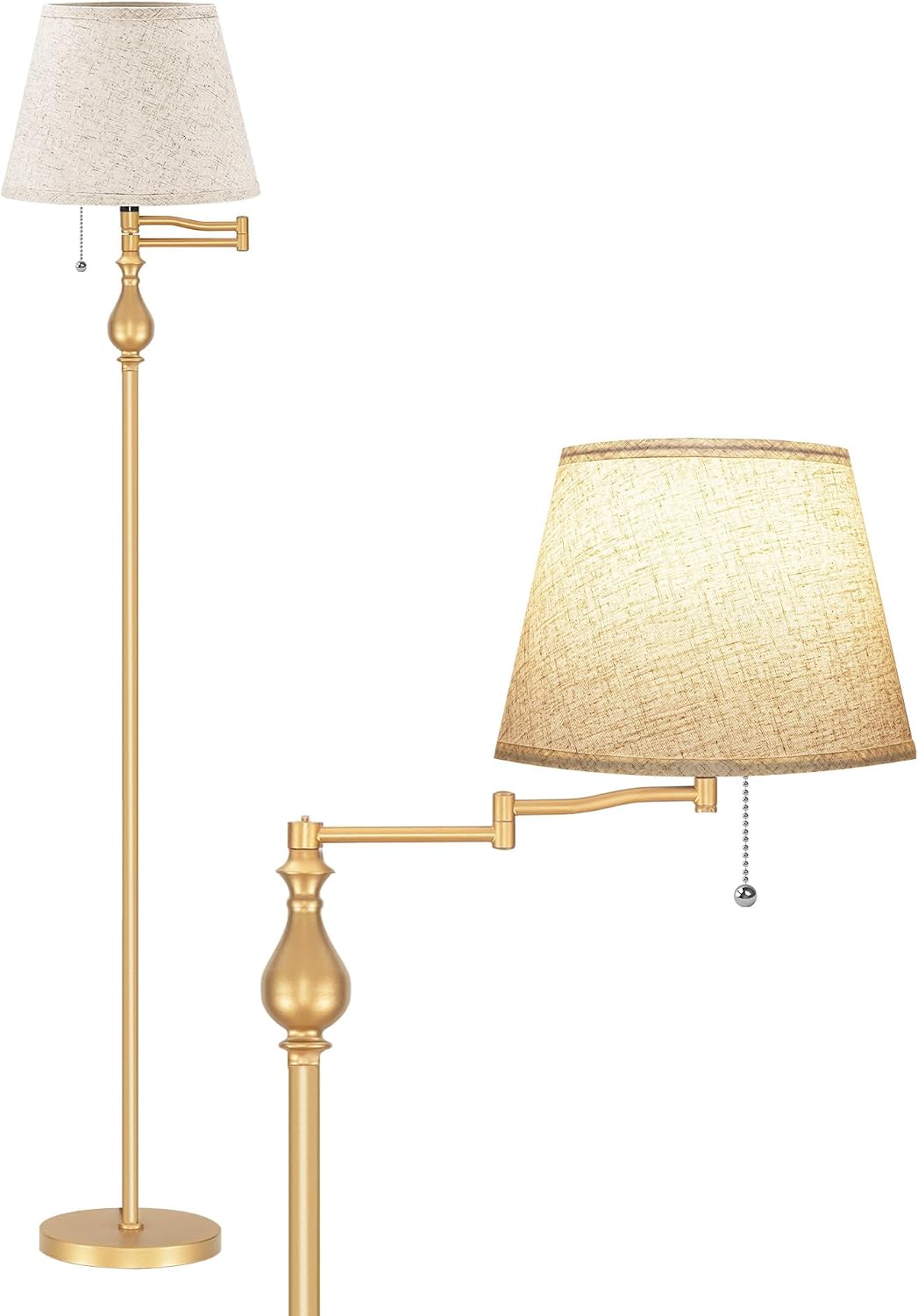 61"Vintage Gold Floor Lamp with 350°Adjustable Swing Arm, Pull Chain Switch