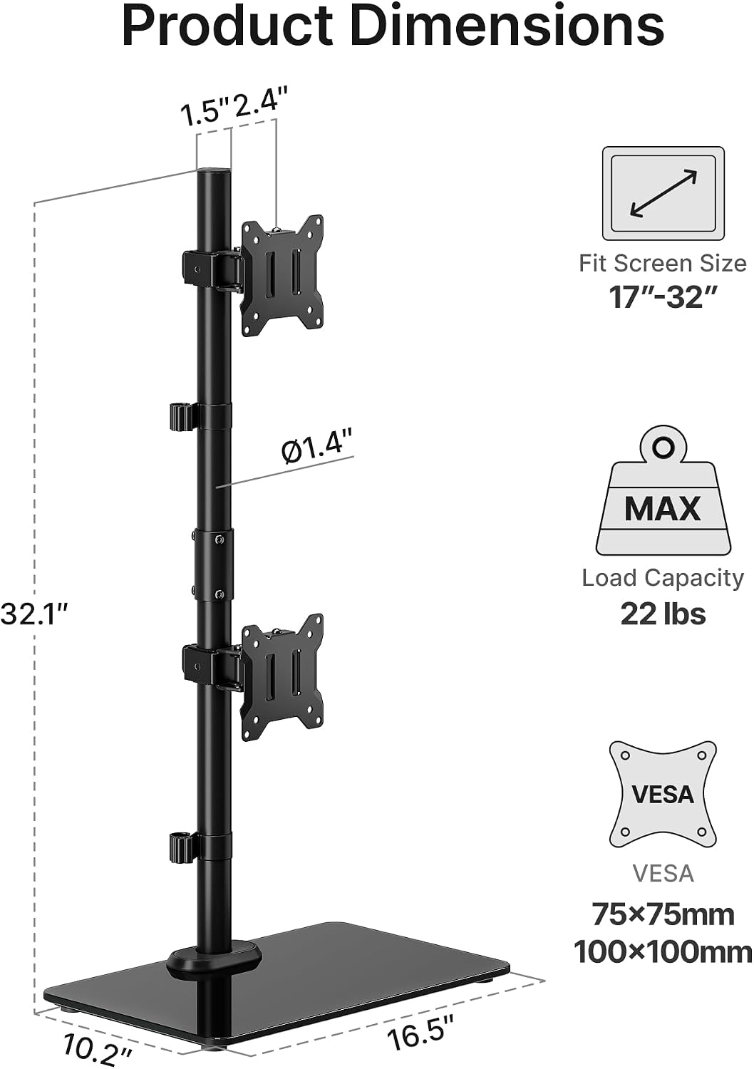 monTEK Vertical Dual Monitor Stand for 17-32", Glass Base