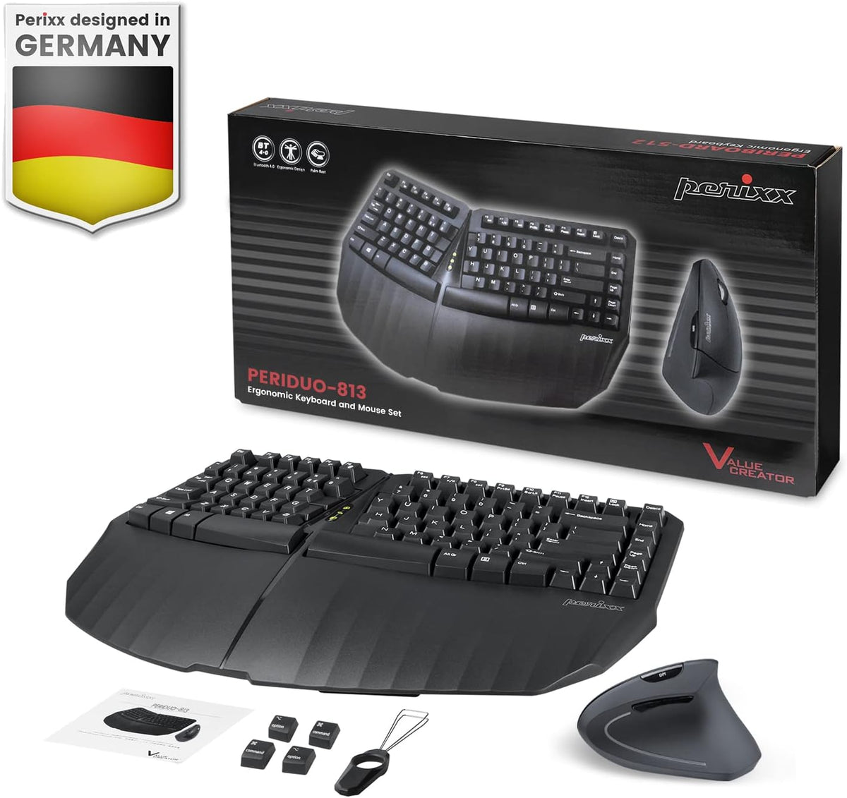 Perixx PERIDUO-813B US, Wireless Ergonomic Compact Keyboard and Vertical Mouse - Multi-Device - Black - US English