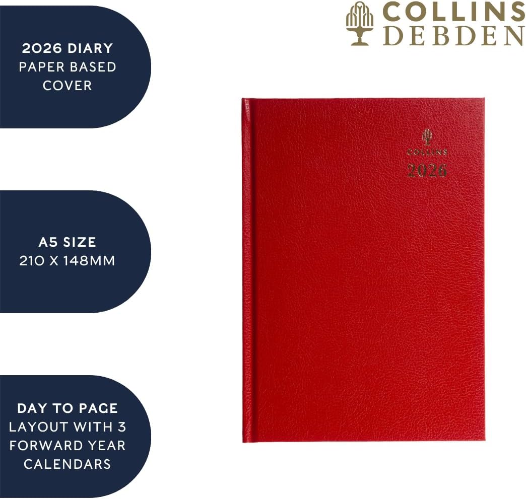Collins - Desk - 2026 12 Month Calendar Year Planner, Day-To-Page Diary, A5 Hard Cover - Black (52.99-26)