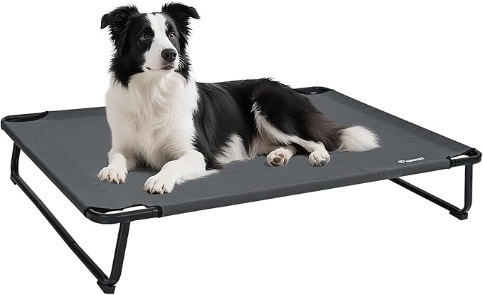 Elevated Dog Bed, Outdoor Dog Bed Large Raised Cooling Pet Beds Cots Waterproof Stable and Easy Assembly, Teslin Fabric with 1.2mm Thick Iron Frame, Breathable, Ultra-Sturdy,Grey, 42”*28“*8”