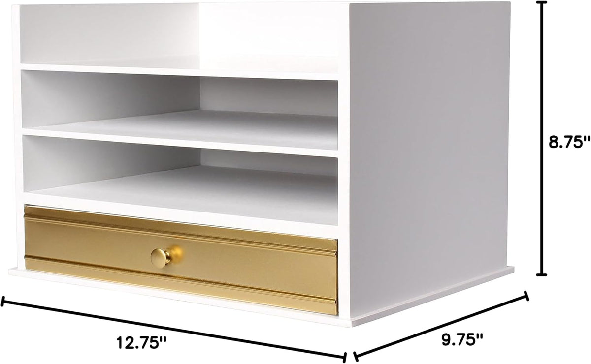 Kate and Laurel Industrious Desktop Wood Letter Tray with 3 Trays and Drawer, White and Gold