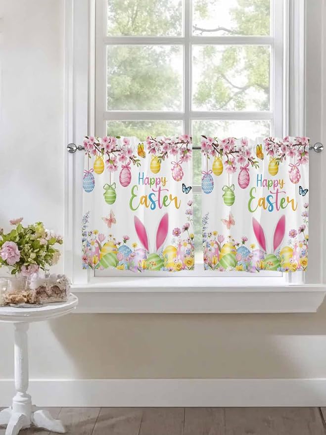 Happy Easter Half Window Curtains 24 Inches Long, Spring Watercolor Bunny Eggs