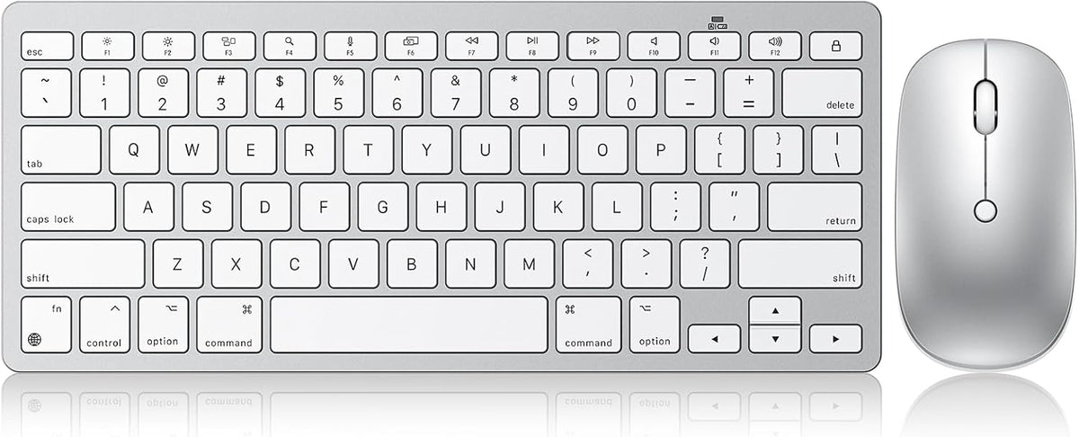Wireless Keyboard and Mouse for Mac, 14 Media Shortcuts Keyboard with Adjustable DPI Mouse, Slim & Portable Design, Stable Bluetooth Connection, Silver-White,OMOTON