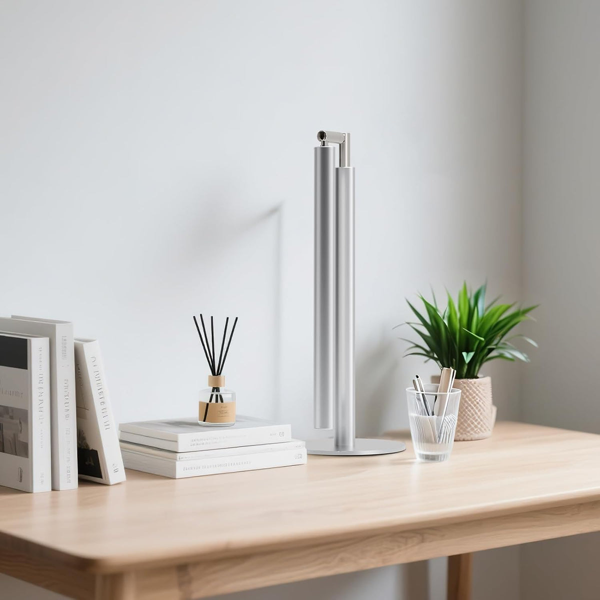 SIBRILLE Silver LED Desk Lamp, 16" Dimmable Metal Desk Light with Base, 15W 1200LM, Adapter Included, Color & Brightness Adjustable, Modern Tall Table Lamp for Home Office Reading Study Task Laptop