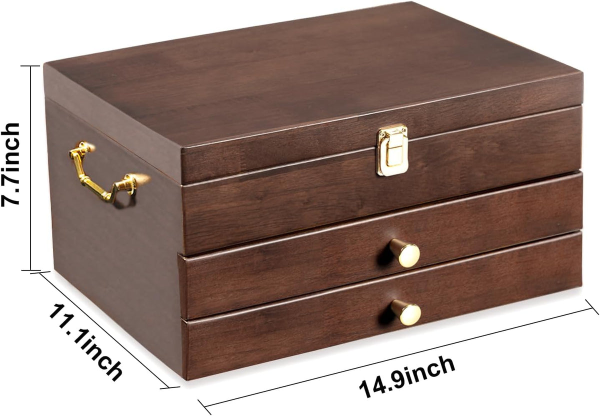 Silverware Storage Box, 3-Layer Flatware Storage Case with Drawer, Wooden Silverware Chest with Handle and Linen Liner, Rustic Silverware Case for Storing Fine Flatware and Utensils (Walnut)