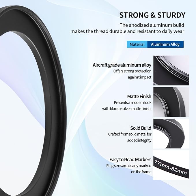 77-82mm Step-Up Ring Adapter, 77mm to 82mm Step Up Filter Ring