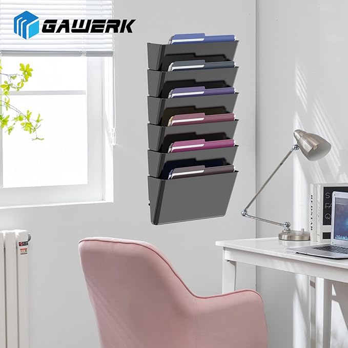 Clear Acrylic Single Pocket, Plastic Hanging Wall Mount File Holder for Office Home (Black, 6 Pack)