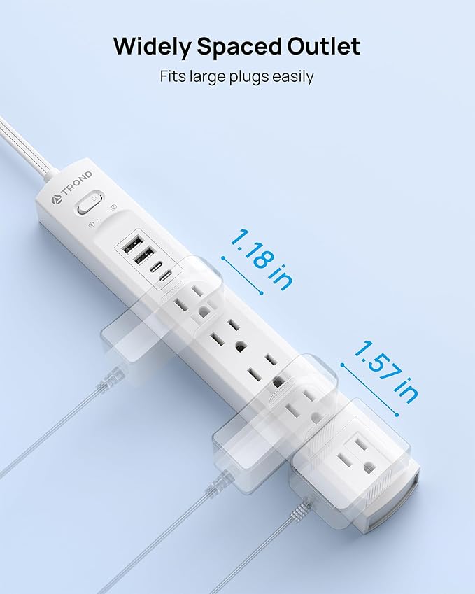 TROND 360° Rotating Plug Surge Protector Power Strip, 2 USB C and 2 USB A, 5 Widely Spaced Outlets, 1440J Surge Protection, Wall Mountable, Flat Cord Extension Cord 10ft for Home Office Dorm, White