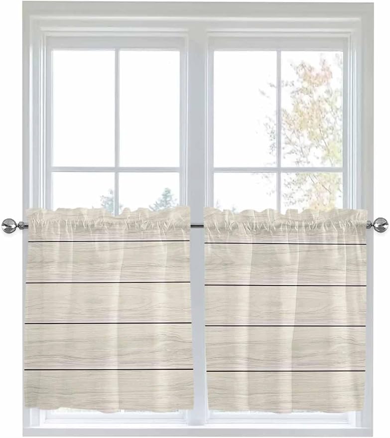Vintage Country Wooden Board Window Valance Curtains, Gradient Wood Grain Line