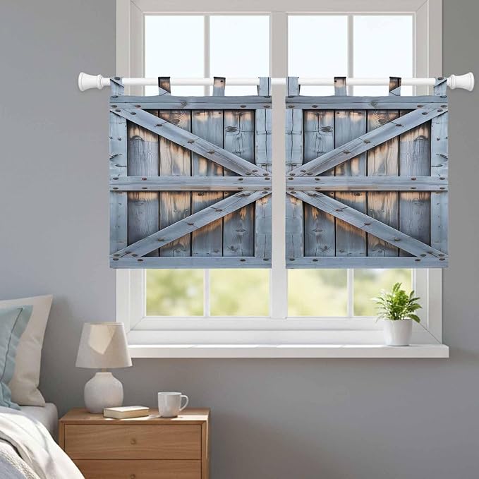 Farmhouse Wood Grain Kitchen Curtains 24 Inch Length, Small Window Curtains Tab