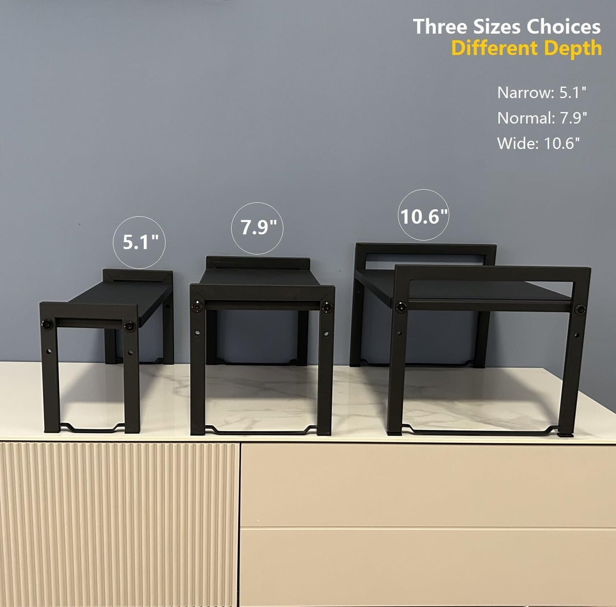2 Pack Expandable Cabinet Shelf 5.1"D Adjustable Counter Riser Rack Black