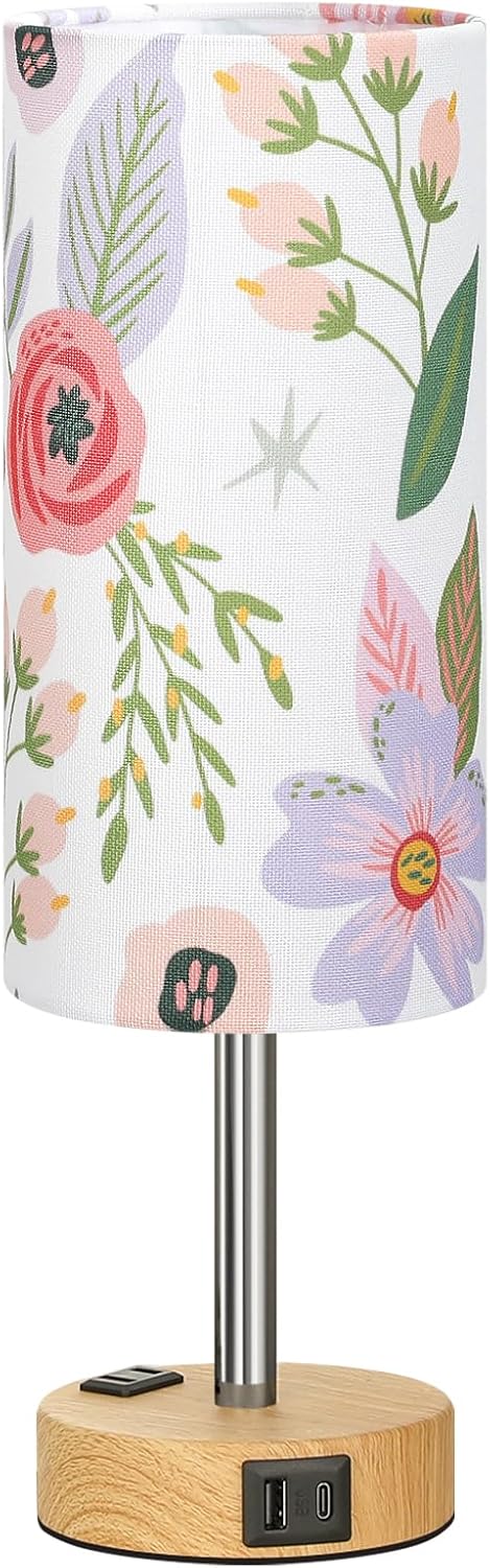Fenmzee Floral Bedside Lamp for Bedroom, Dimmable Touch, USB A+C, AC Outlet